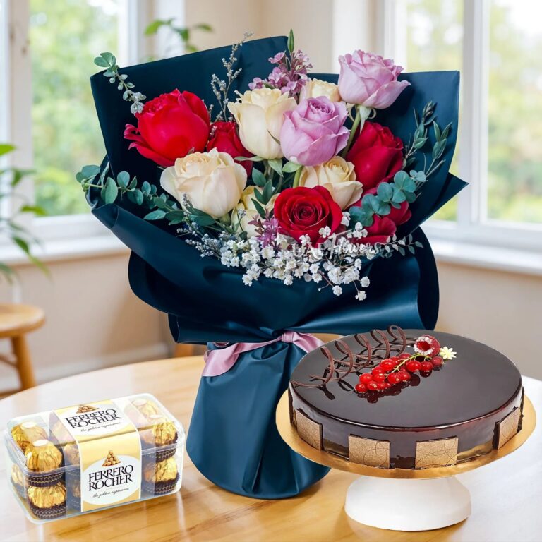 Bouquet Of Mixed Roses Cake Chocolates 768x768