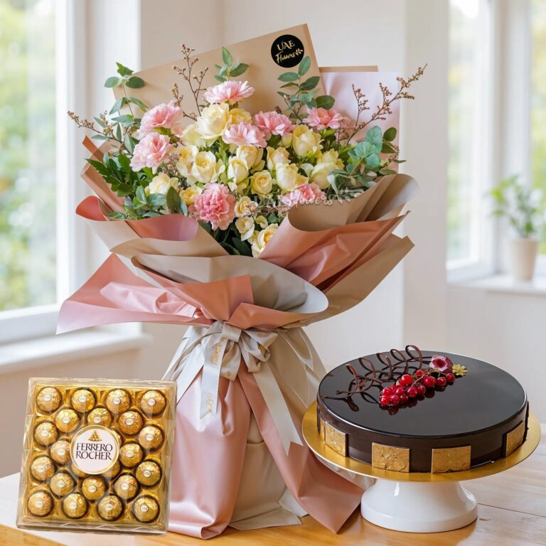 Carnations Spray Roses With Chocolate Cake 24 Ferrero Rocher AED 429 768x768