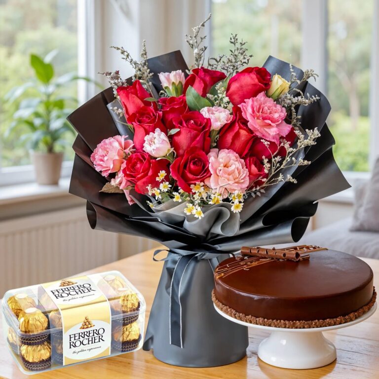 Red Rose Pink Carnation Cake 16 Ferrero Rocher AED 499 768x768